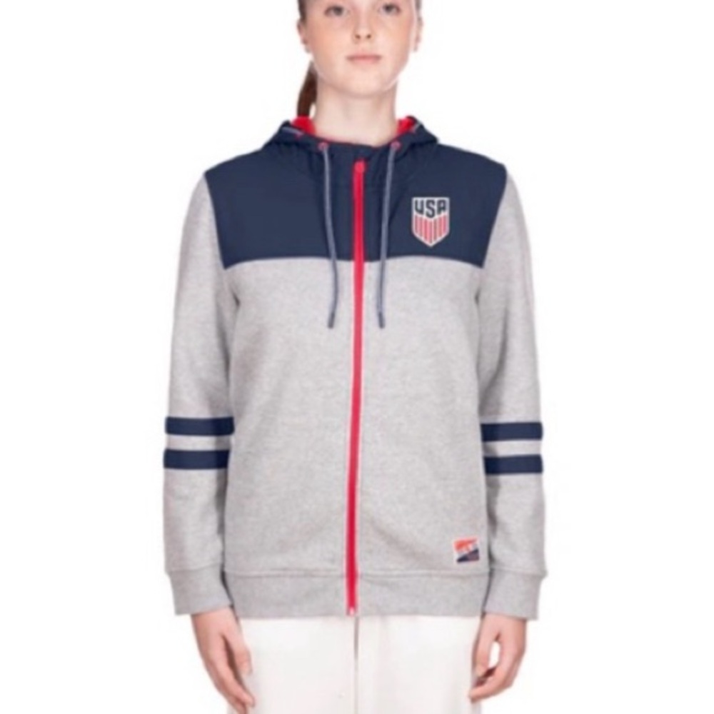 USA SOCCER full zip hoodie small xs grey navy red fleece sweatshirt jacket GUC